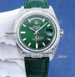 Swiss Replica Rolex Day Date Green Stick Face Diamond Bezel Alligator Strap 3135 Watch